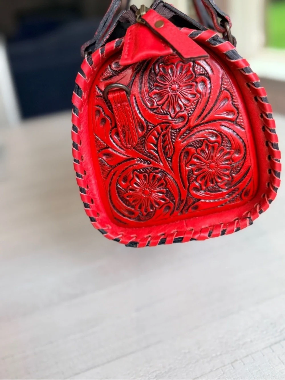 Genuine Leather Cowhide Western Speedy Purse Tooled Floral Red Satchel Bag MINI